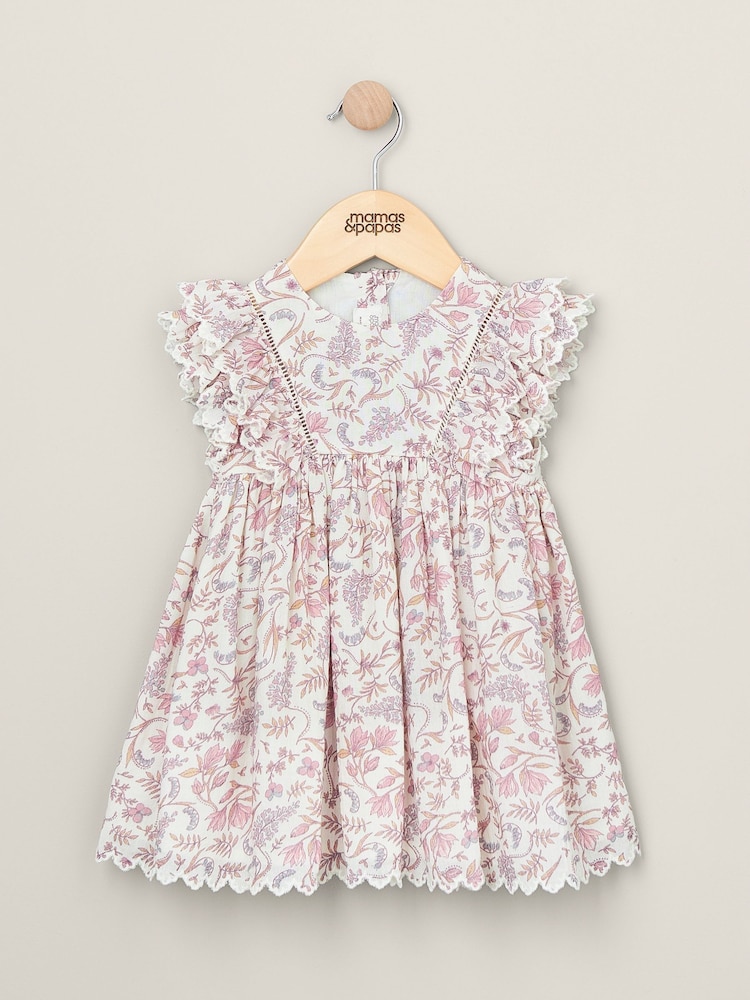 Mamas & Papas Pink 100% Cotton Frill Floral Print Dress - Image 1 of 2