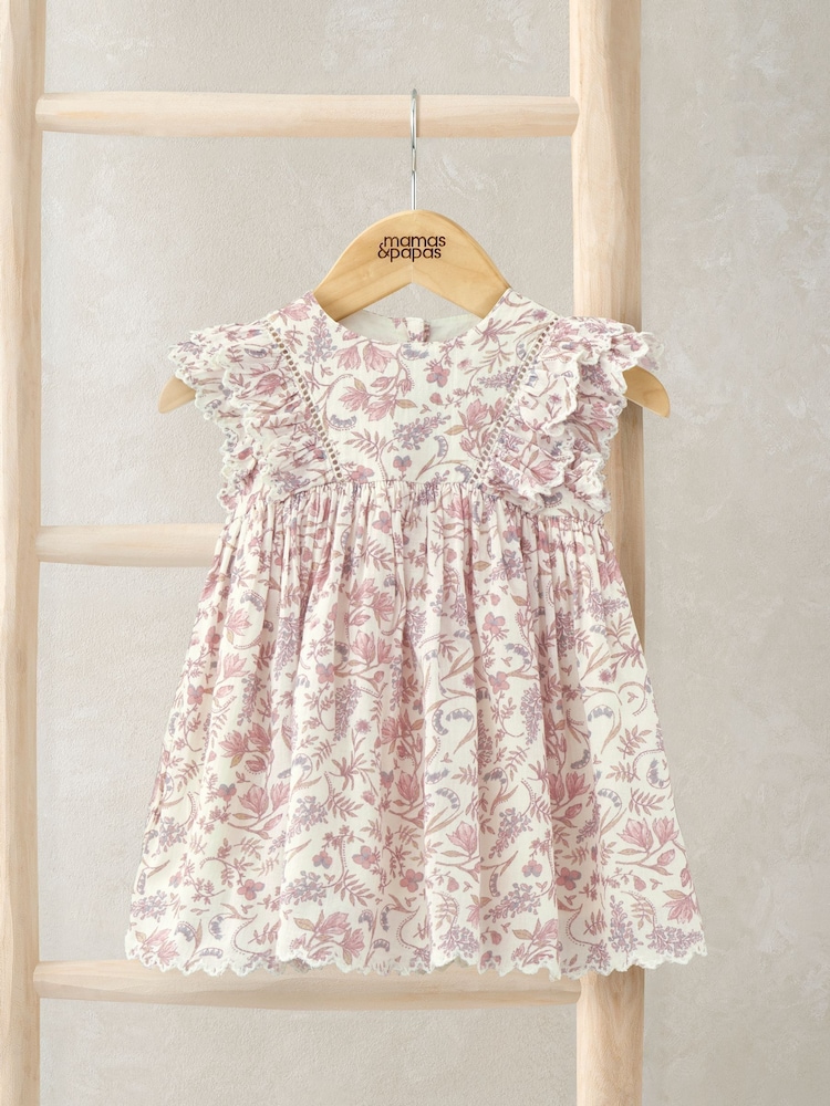 Mamas & Papas Pink 100% Cotton Frill Floral Print Dress - Image 2 of 2