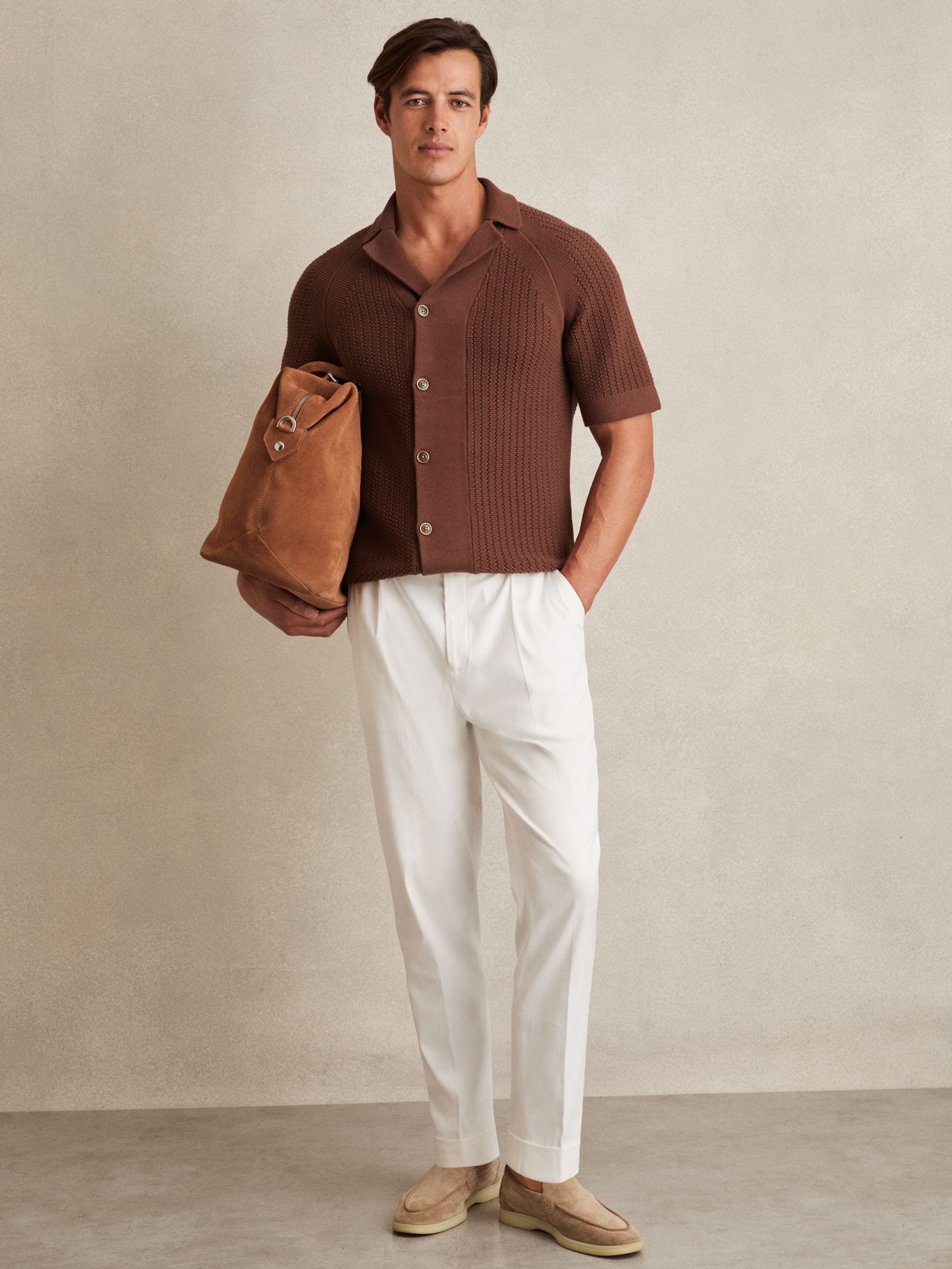 Buy Reiss Tobacco Brown Alphonso Cotton Textured-Knit Cuban-Collar