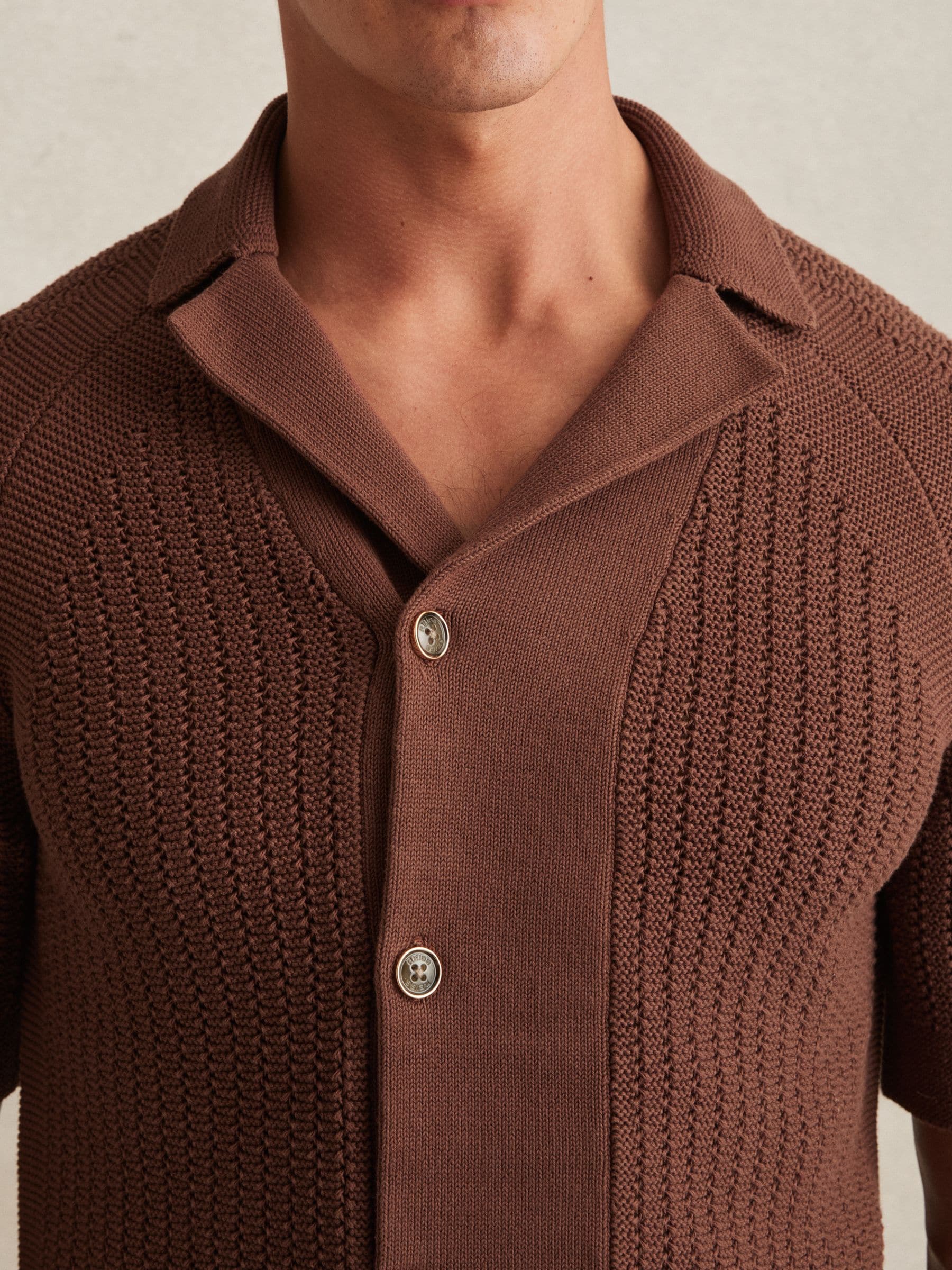 Buy Reiss Tobacco Brown Alphonso Cotton Textured-Knit Cuban-Collar