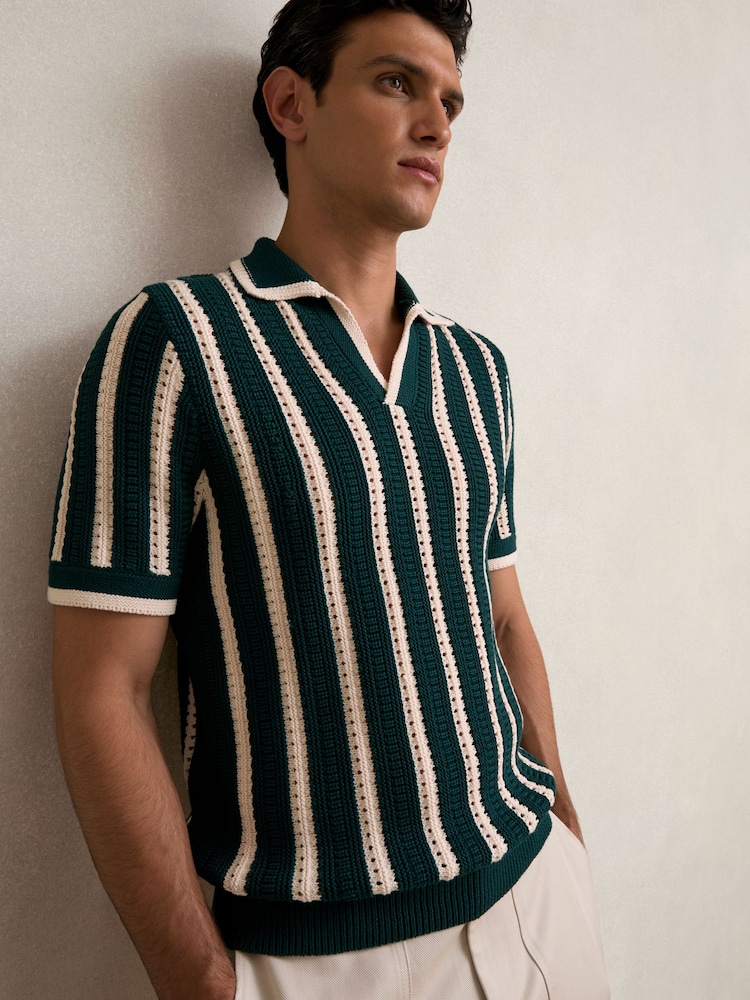 Reiss Dark Teal Green/Ecru Duncan Cotton Blend Stripe Knit Polo Shirt - Image 1 of 5