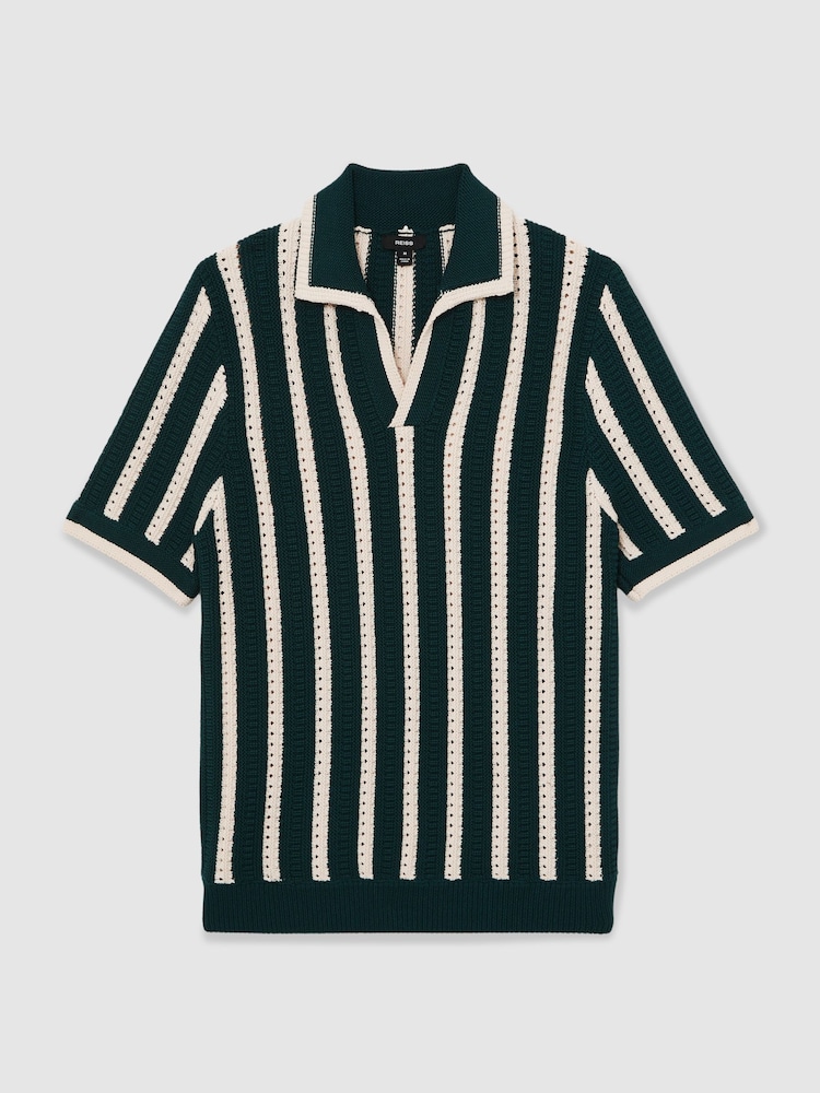 Reiss Dark Teal Green/Ecru Duncan Cotton Blend Stripe Knit Polo Shirt - Image 2 of 5