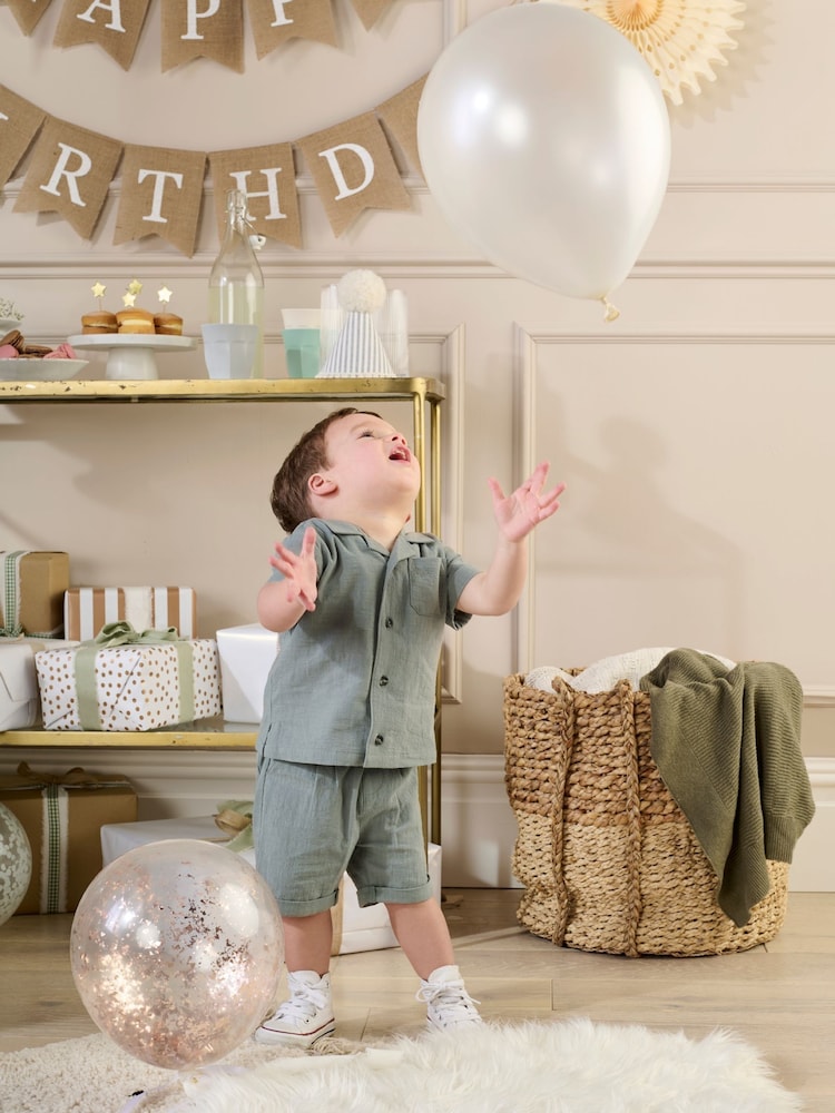 Mamas & Papas Green Patch Pocket 100% Cotton Shirt and Shorts Set - Image 2 of 5