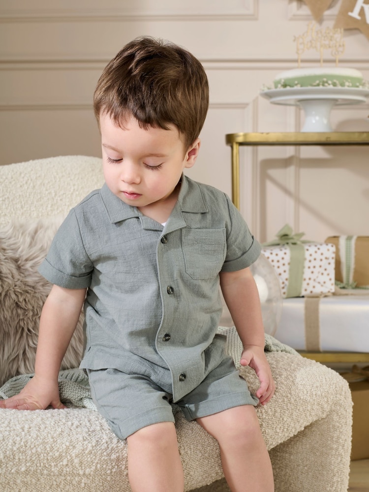 Mamas & Papas Green Patch Pocket 100% Cotton Shirt and Shorts Set - Image 3 of 5