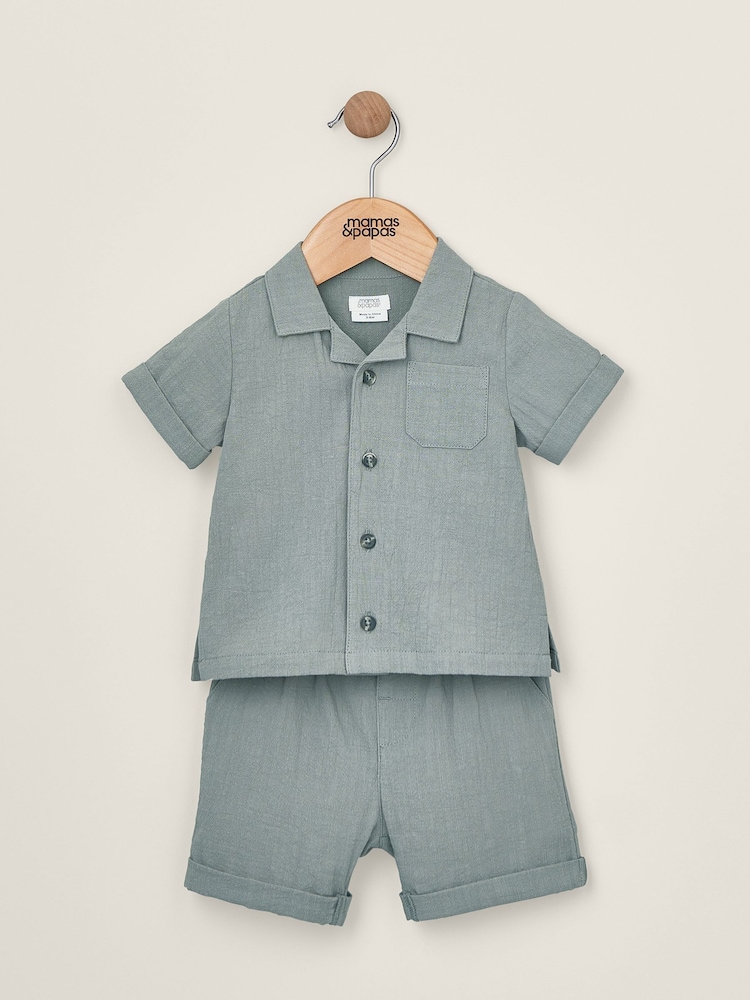 Mamas & Papas Green Patch Pocket 100% Cotton Shirt and Shorts Set - Image 4 of 5