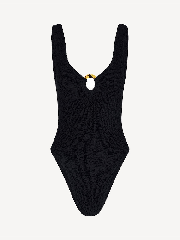 Hunza G Black Celine Swim With Fabric Covered Hoops Metallic Crinkle Rosewood Swimsuit - Image 5 of 5