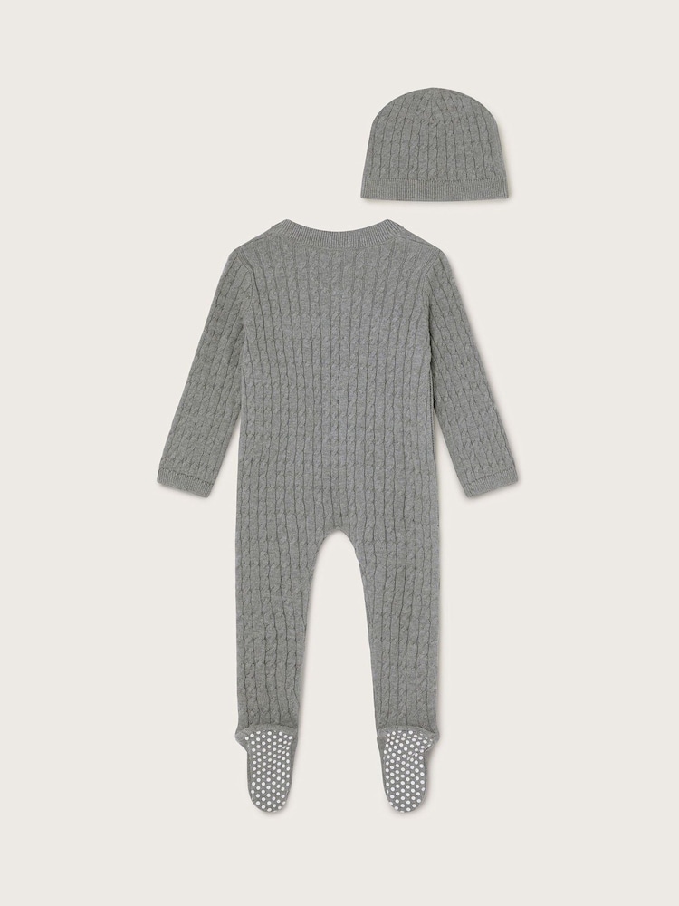 Monsoon Grey Newborn 100% Cotton Cable Knit Romper and Hat Set - Image 2 of 3