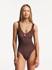 Hunza G Brown Celine Swim With Fabric Covered Hoops Metallic Crinkle Rosewood Swimsuit - Image 1 of 5
