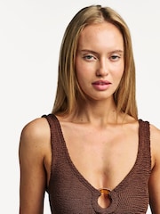 Hunza G Brown Celine Swim With Fabric Covered Hoops Metallic Crinkle Rosewood Swimsuit - Image 4 of 5