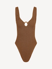 Hunza G Brown Celine Swim With Fabric Covered Hoops Metallic Crinkle Rosewood Swimsuit - Image 5 of 5