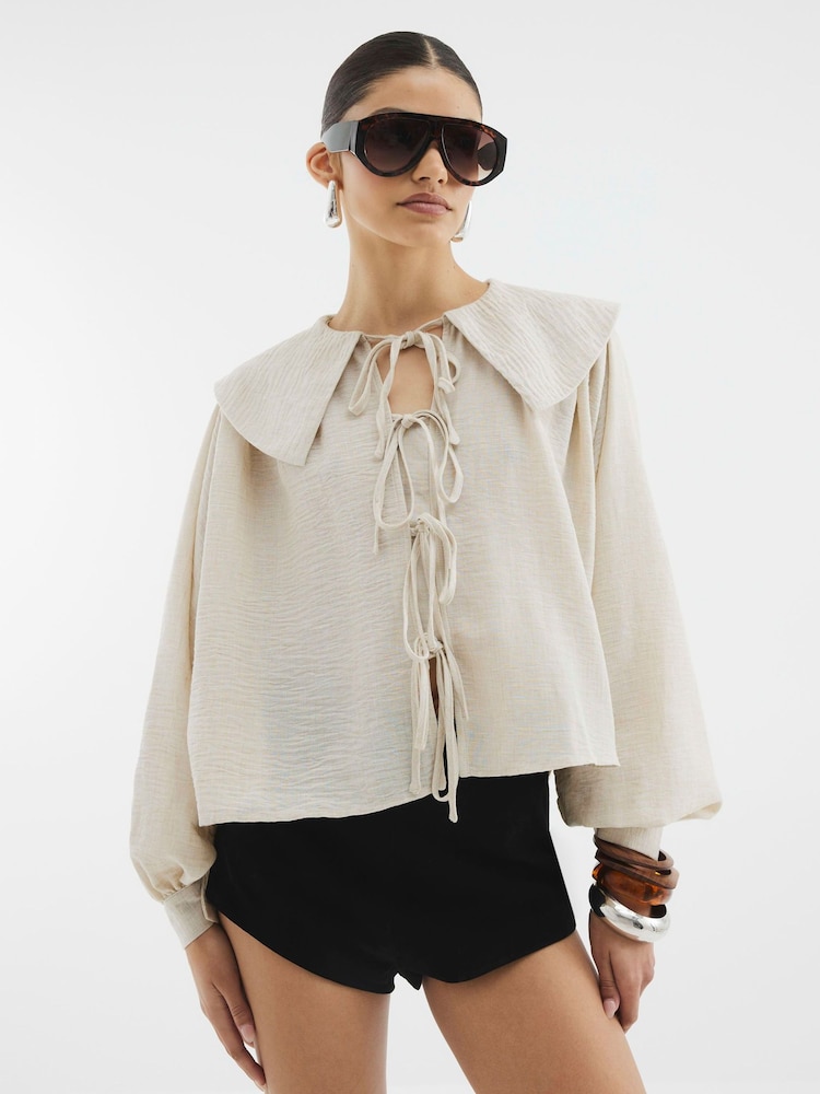 River Island Brown Tie Front Large Collar Blouse - Image 1 of 6 River Island Brown Tie Front Large Collar Blouse - Image 1 of 6