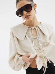 River Island Brown Tie Front Large Collar Blouse - Image 4 of 6