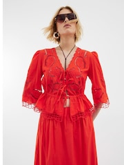 River Island Red 100% Cotton 3/4 Sleeve Tie Front Cutwork Blouse - Image 1 of 4