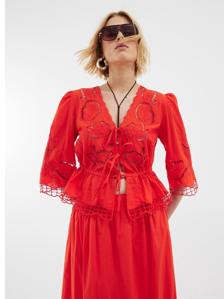 River Island Red 100% Cotton 3/4 Sleeve Tie Front Cutwork Blouse - Image 1 of 4