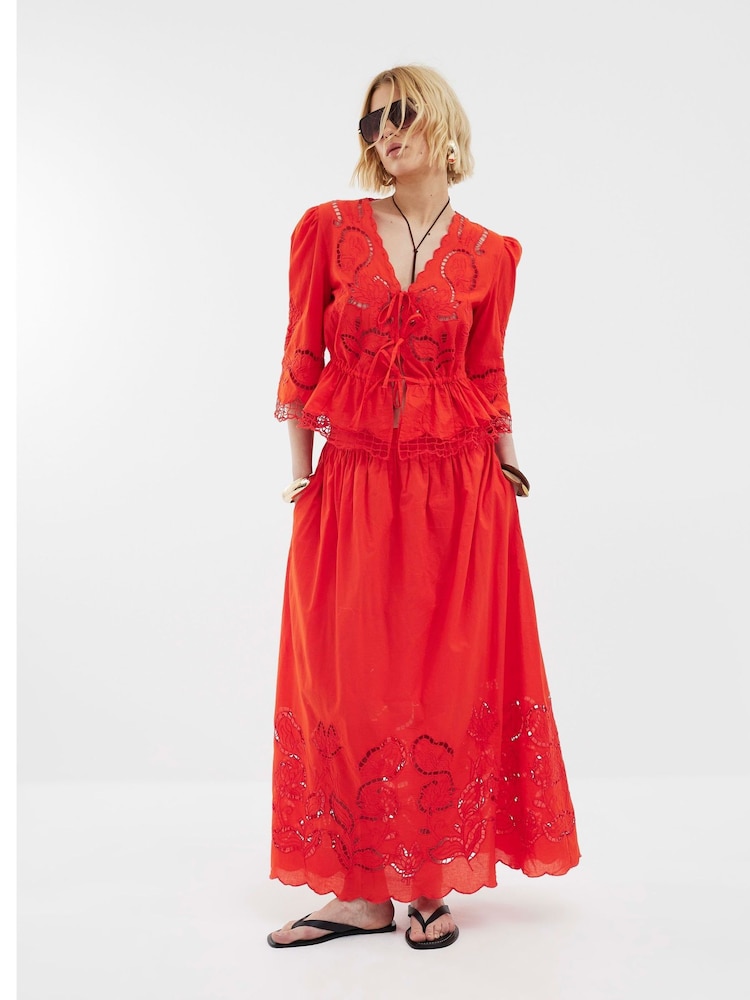 River Island Red 100% Cotton 3/4 Sleeve Tie Front Cutwork Blouse - Image 2 of 4