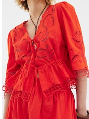 River Island Red 100% Cotton 3/4 Sleeve Tie Front Cutwork Blouse - Image 4 of 4