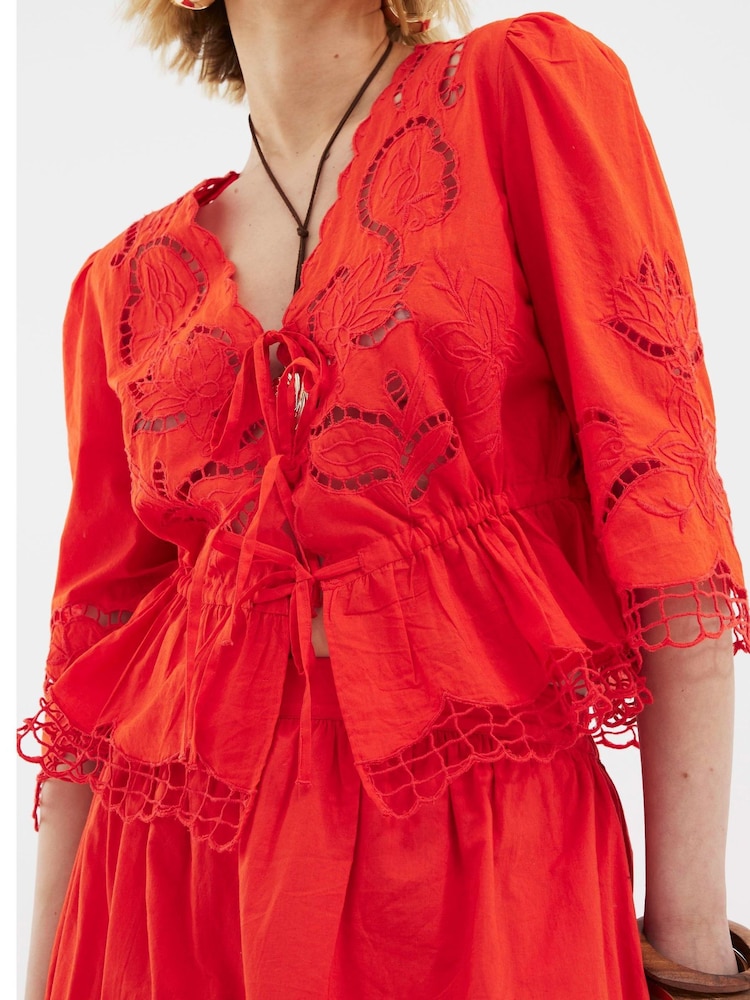River Island Red 100% Cotton 3/4 Sleeve Tie Front Cutwork Blouse - Image 4 of 4