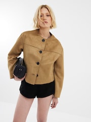 River Island Brown Suedette Collarless Jacket - Image 1 of 4