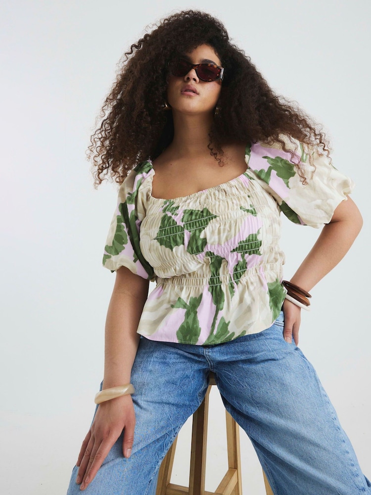 River Island Green Puff Sleeve Floral Print 100% Cotton Shirred Top - Image 1 of 6 River Island Green Puff Sleeve Floral Print 100% Cotton Shirred Top - Image 1 of 6