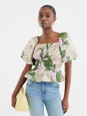 River Island Green Puff Sleeve Floral Print 100% Cotton Shirred Top - Image 2 of 6