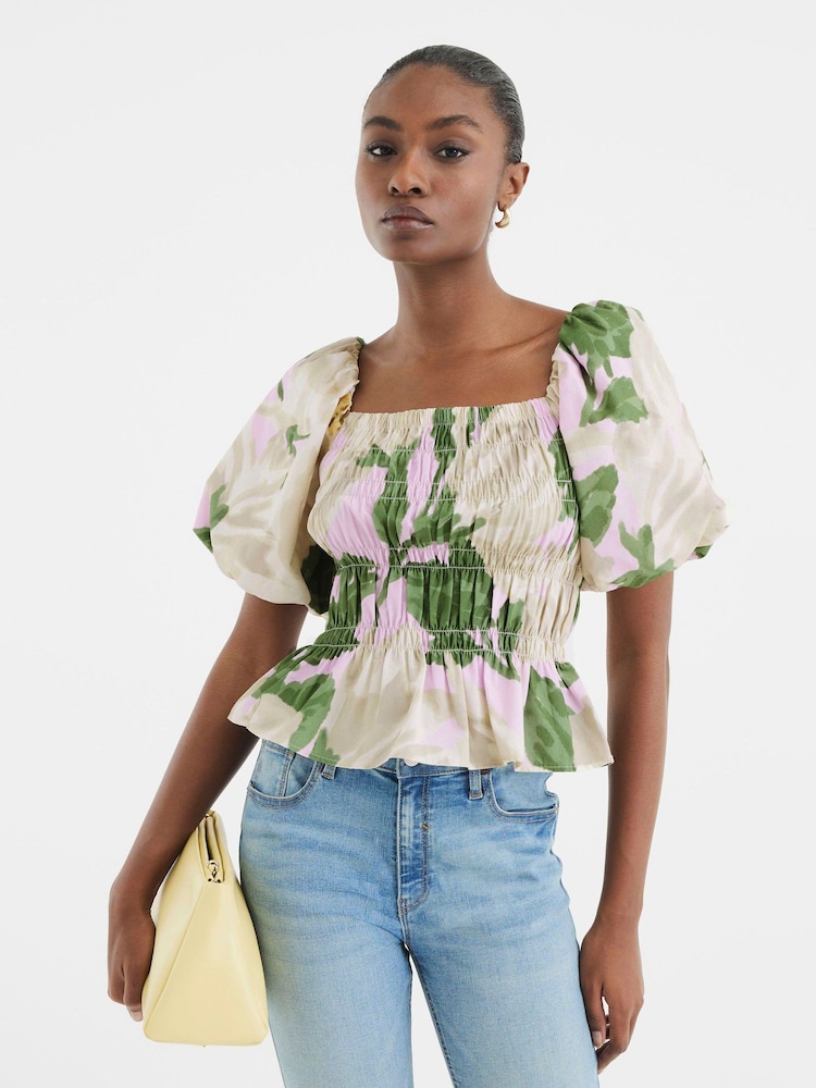 River Island Green Puff Sleeve Floral Print 100% Cotton Shirred Top - Image 2 of 6 River Island Green Puff Sleeve Floral Print 100% Cotton Shirred Top - Image 2 of 6