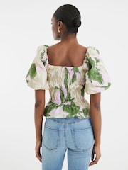 River Island Green Puff Sleeve Floral Print 100% Cotton Shirred Top - Image 3 of 6