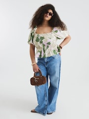 River Island Green Puff Sleeve Floral Print 100% Cotton Shirred Top - Image 4 of 6