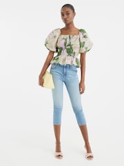River Island Green Puff Sleeve Floral Print 100% Cotton Shirred Top - Image 5 of 6