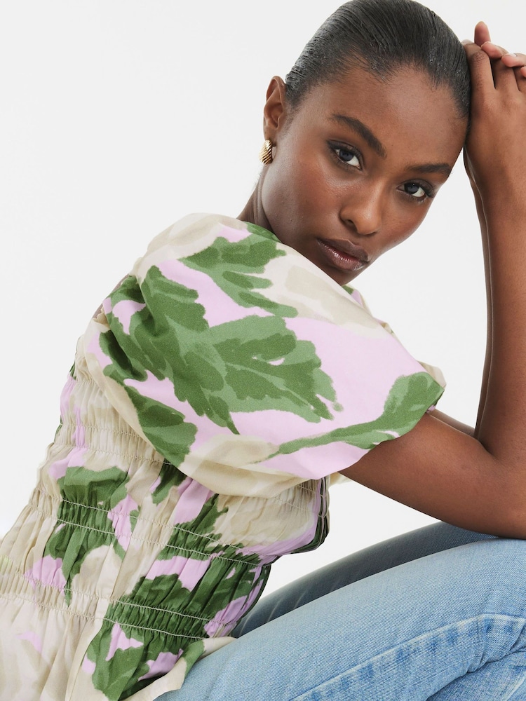 River Island Green Puff Sleeve Floral Print 100% Cotton Shirred Top - Image 6 of 6 River Island Green Puff Sleeve Floral Print 100% Cotton Shirred Top - Image 6 of 6