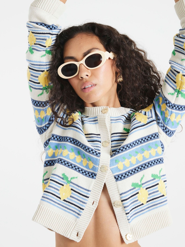River Island Blue Lemon Striped Cardigan - Image 2 of 2 River Island Blue Lemon Striped Cardigan - Image 2 of 2