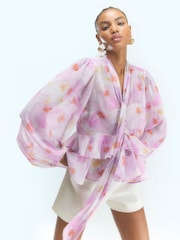 River Island Purple Sheer Floral Ruffle Blouse - Image 1 of 6
