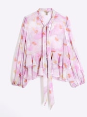 River Island Purple Sheer Floral Ruffle Blouse - Image 6 of 6