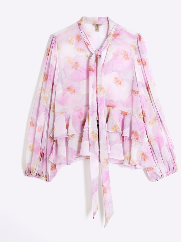River Island Purple Sheer Floral Ruffle Blouse - Image 6 of 6