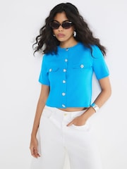River Island Blue Short Sleeve Button Front Military Shirt - Image 1 of 4