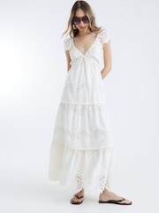 River Island Cream Broderie 100% Cotton Midi Dress - Image 1 of 4