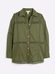 River Island Khaki Lace Insert 100% Cotton Shirt - Image 5 of 6