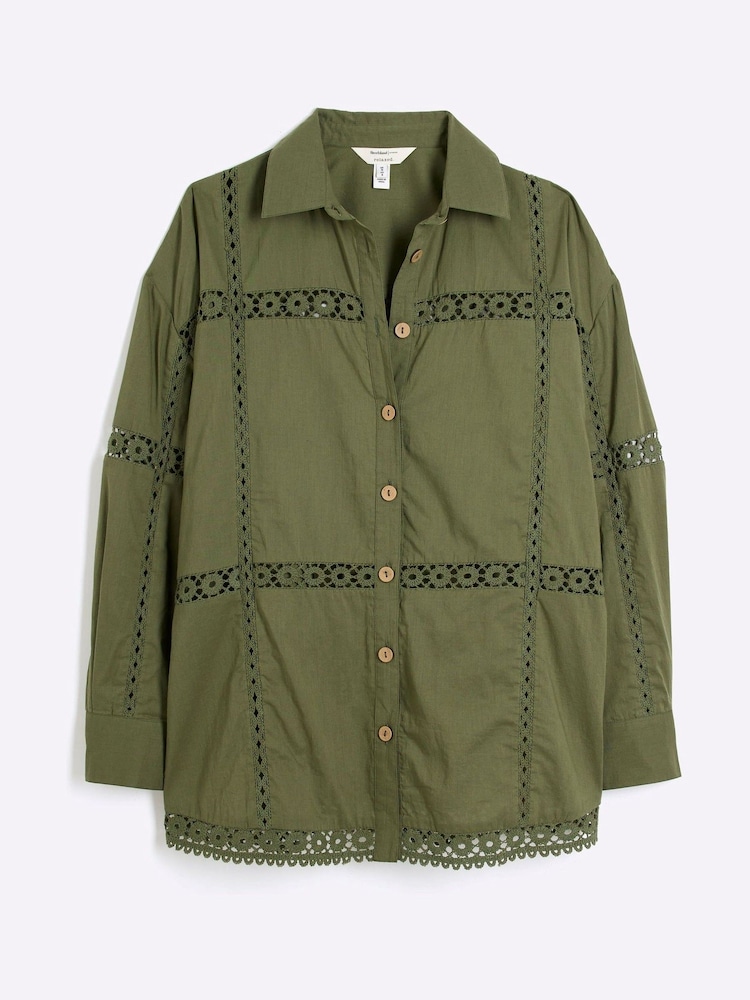 Khaki - River Island Lace Insert 100% Cotton Shirt - Image 5 of 6