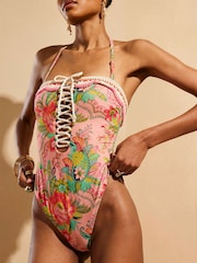 River Island Pink Del Maar Floral Bandeau Swimsuit - Image 1 of 1