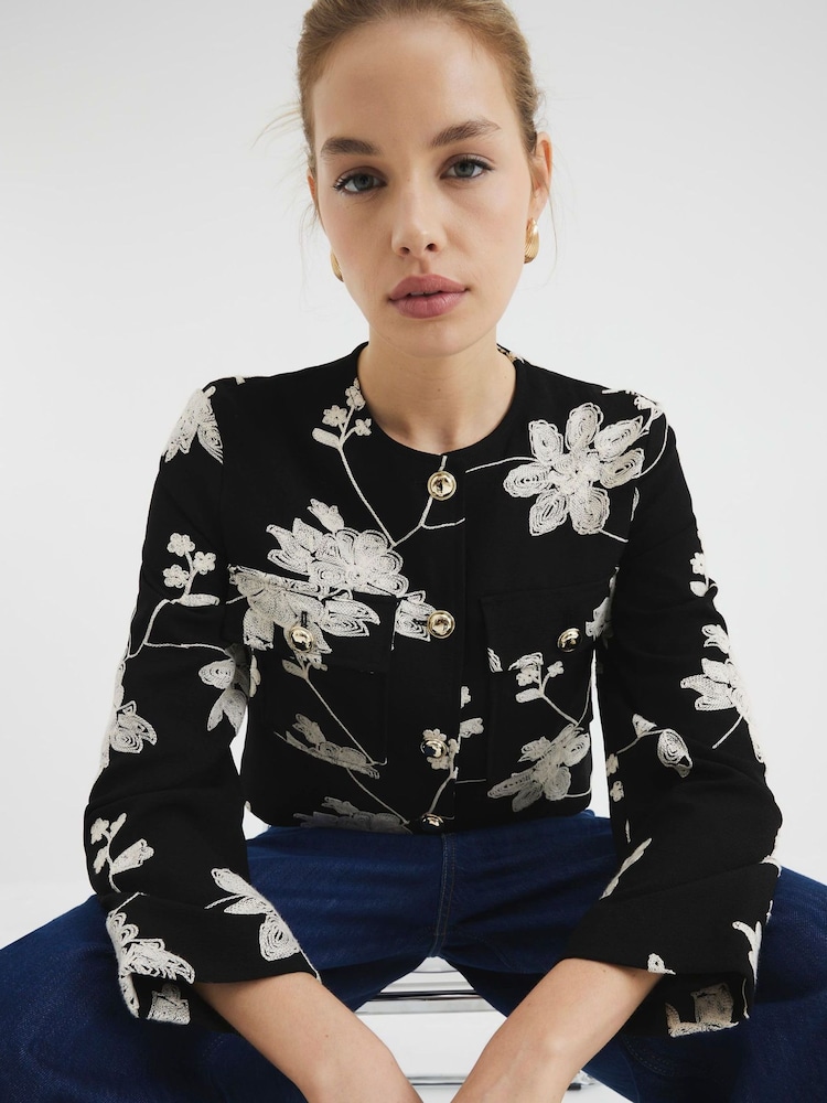 River Island Black Floral Embroidered Collarless Jacket - Image 1 of 4
