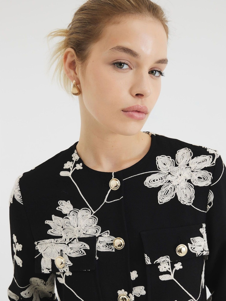 River Island Black Floral Embroidered Collarless Jacket - Image 4 of 4