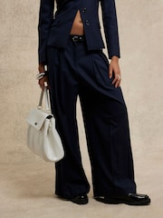 River Island Blue Navy Pinstripe Belted Wide Leg Trousers - Image 1 of 5