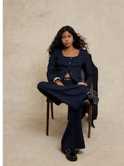 River Island Blue Navy Pinstripe Belted Wide Leg Trousers - Image 3 of 5