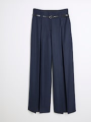 River Island Blue Navy Pinstripe Belted Wide Leg Trousers - Image 4 of 5