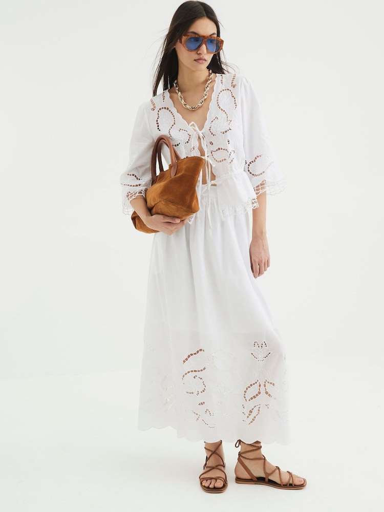 River Island White Broderie Cutwork 100% Cotton Maxi Skirt - Image 1 of 4