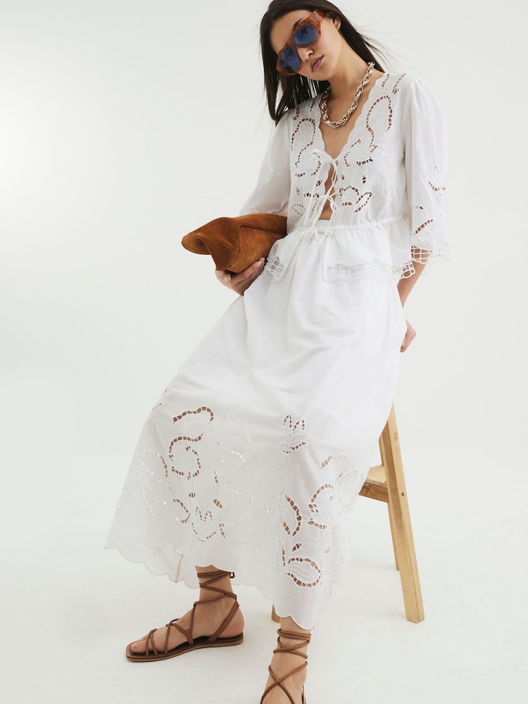 River Island White Broderie Cutwork 100% Cotton Maxi Skirt - Image 3 of 4