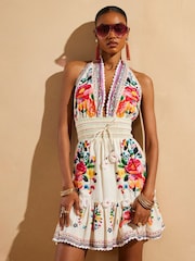 River Island Cream Del Maar Floral Print Halter Neck 100% Cotton Mini Dress - Image 1 of 4