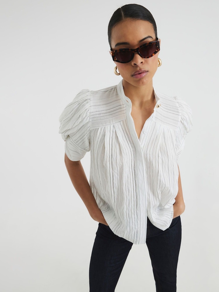 River Island White Short Sleeve Stripe Pleated Blouse - Image 1 of 6