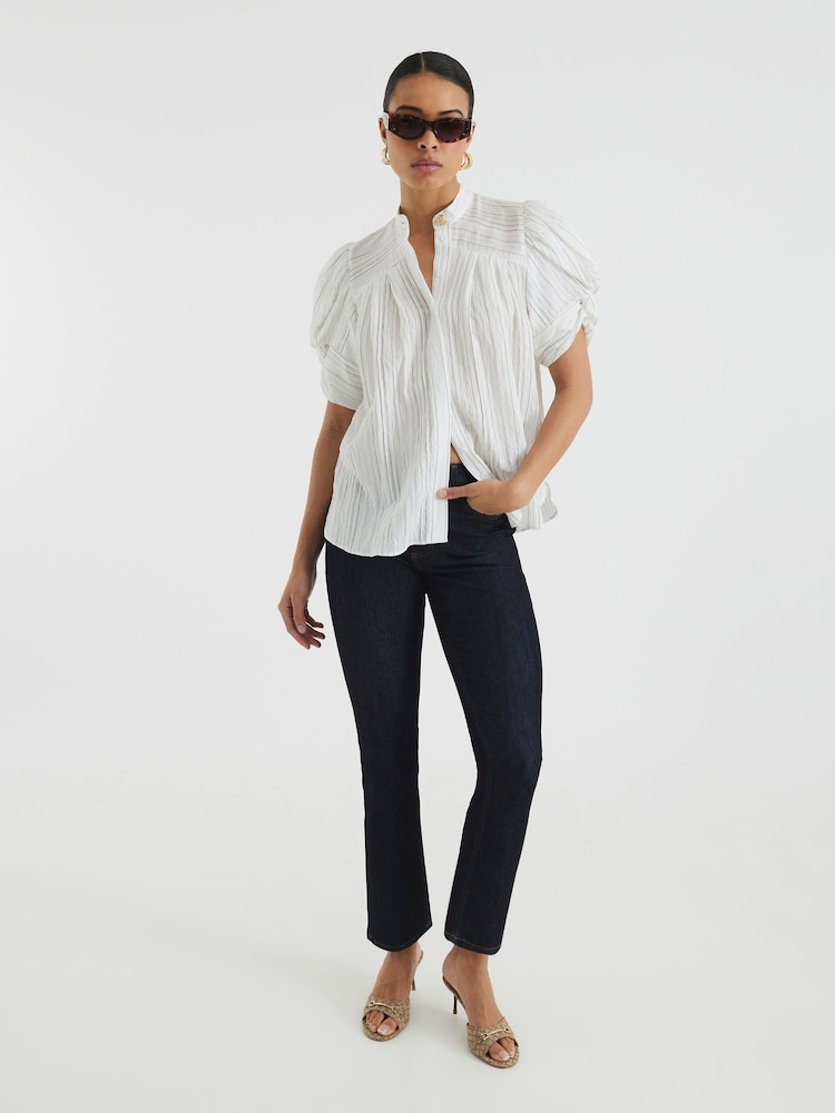River Island White Short Sleeve Stripe Pleated Blouse - Image 2 of 6