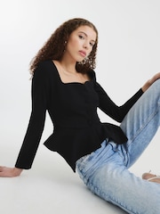 River Island Black Peplum Sweetheart Blouses - Image 1 of 4