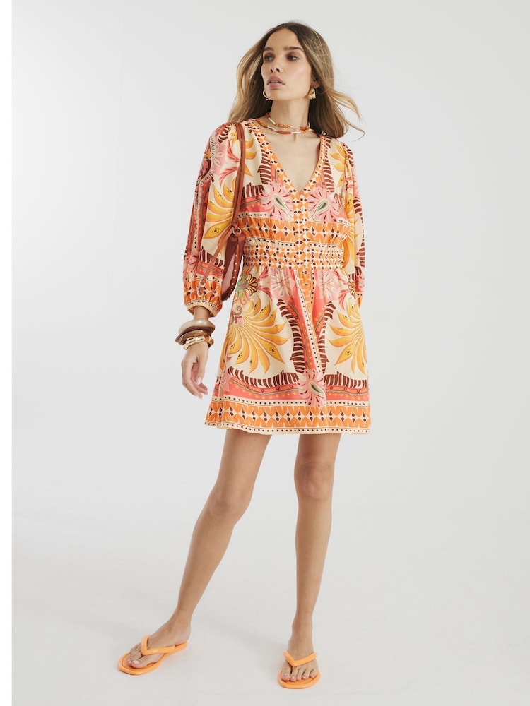 River Island Orange Scarf Print 100% Cotton Mini Dress - Image 1 of 4 River Island Orange Scarf Print 100% Cotton Mini Dress - Image 1 of 4